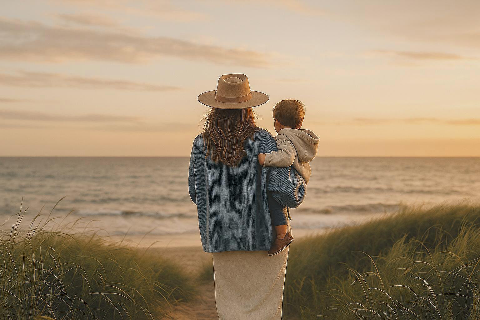 Woman with baby at beach